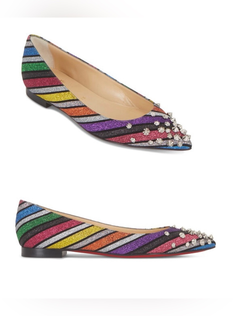 Christian Louboutin Drama Suede Glitter Rainbow Stripes Studded Flats Size 6.5